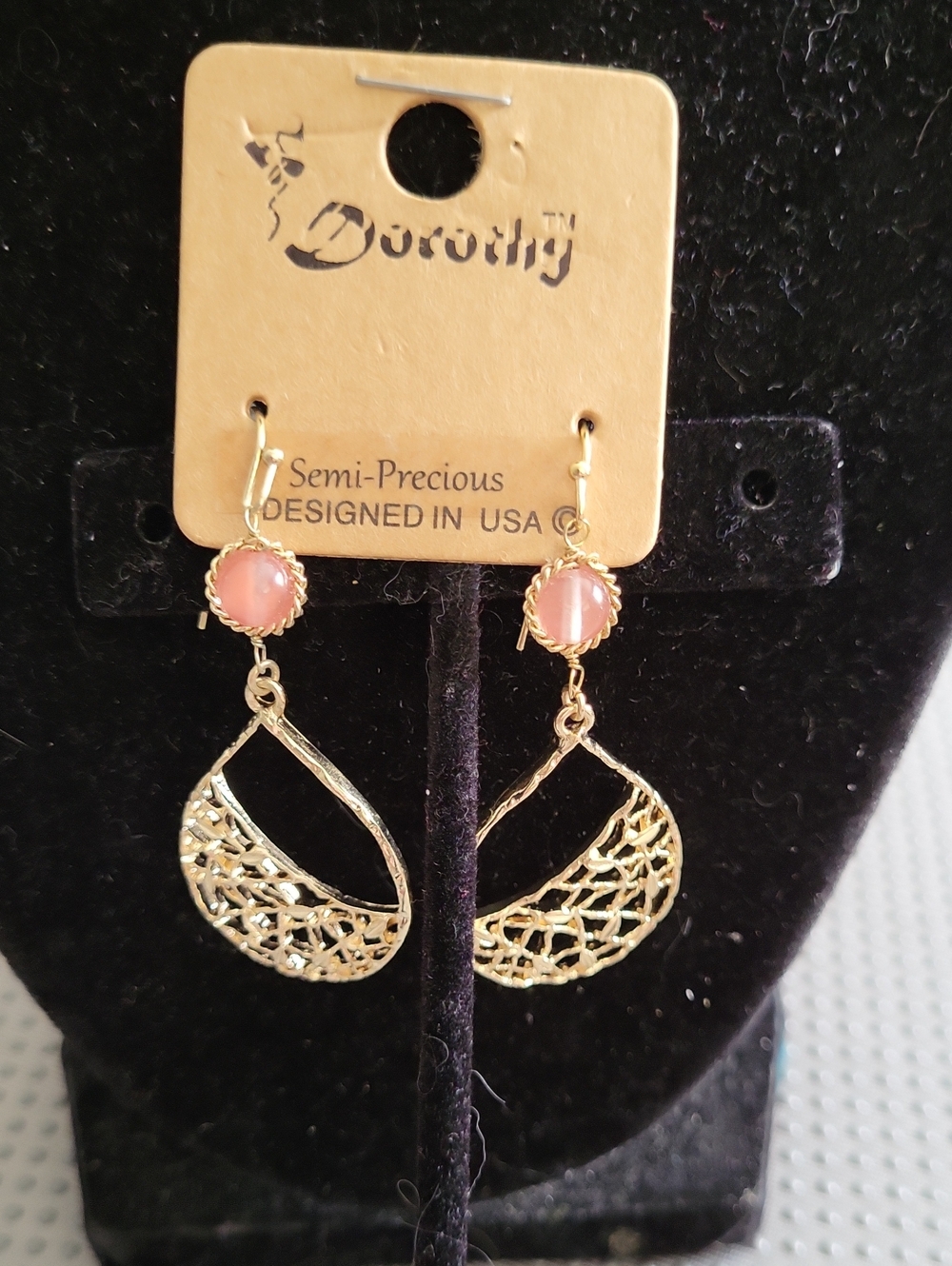 Fashion Jewelry 2"L Gold Filigree Drop Earrings with Pink Semi-Precious Stones